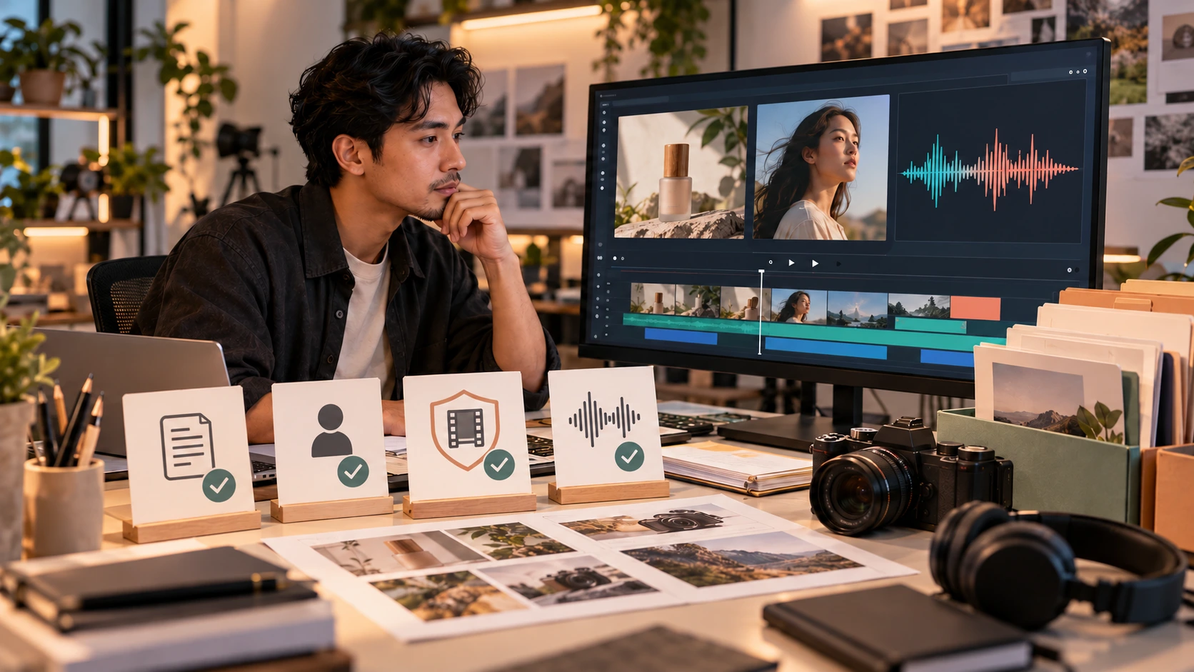 Creative director memeriksa video AI, identitas talent, audio, dan kartu checklist hak penggunaan sebelum publikasi