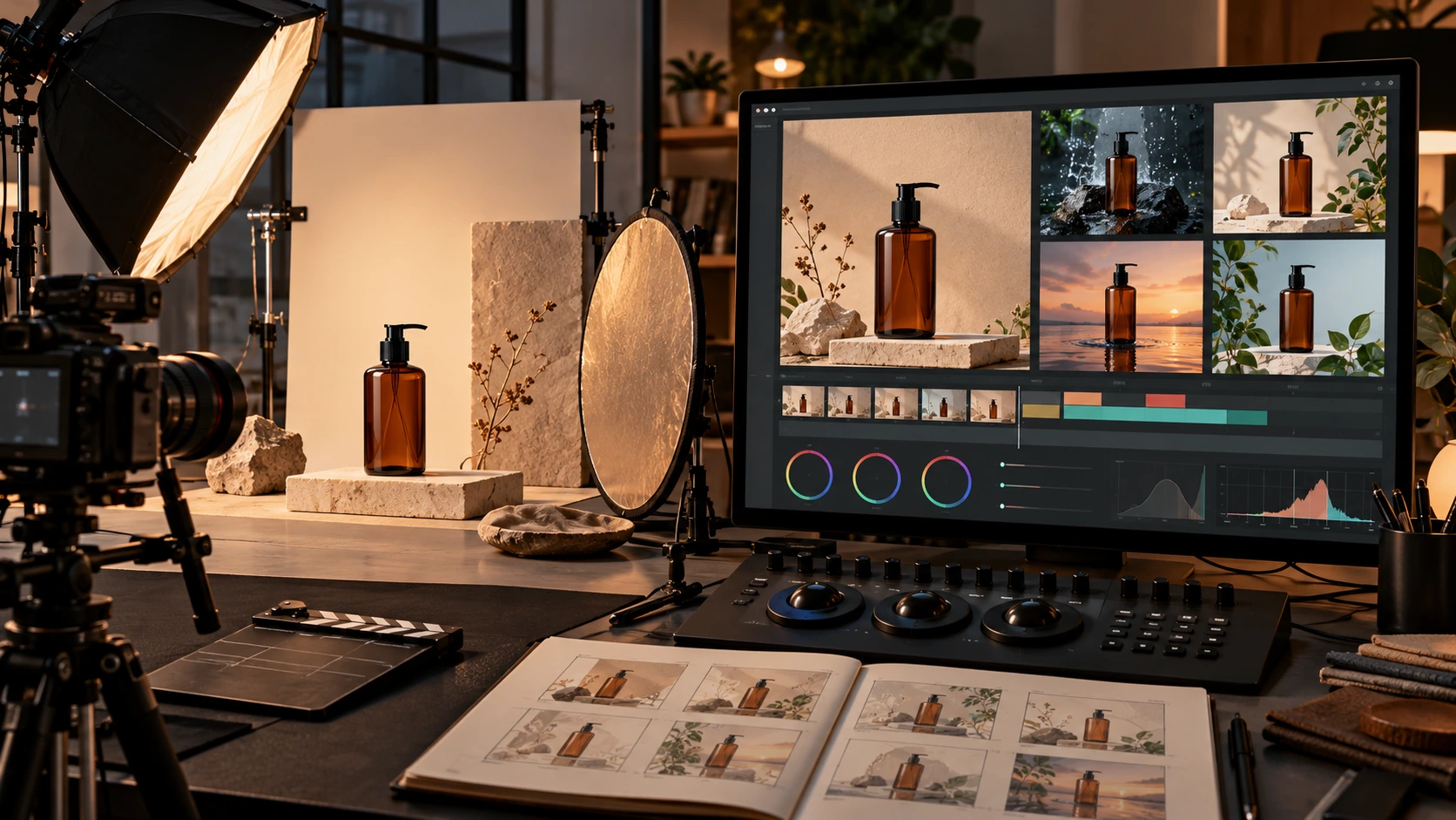 Studio hybrid membandingkan shooting produk fisik dan produksi video AI dari produk yang sama.