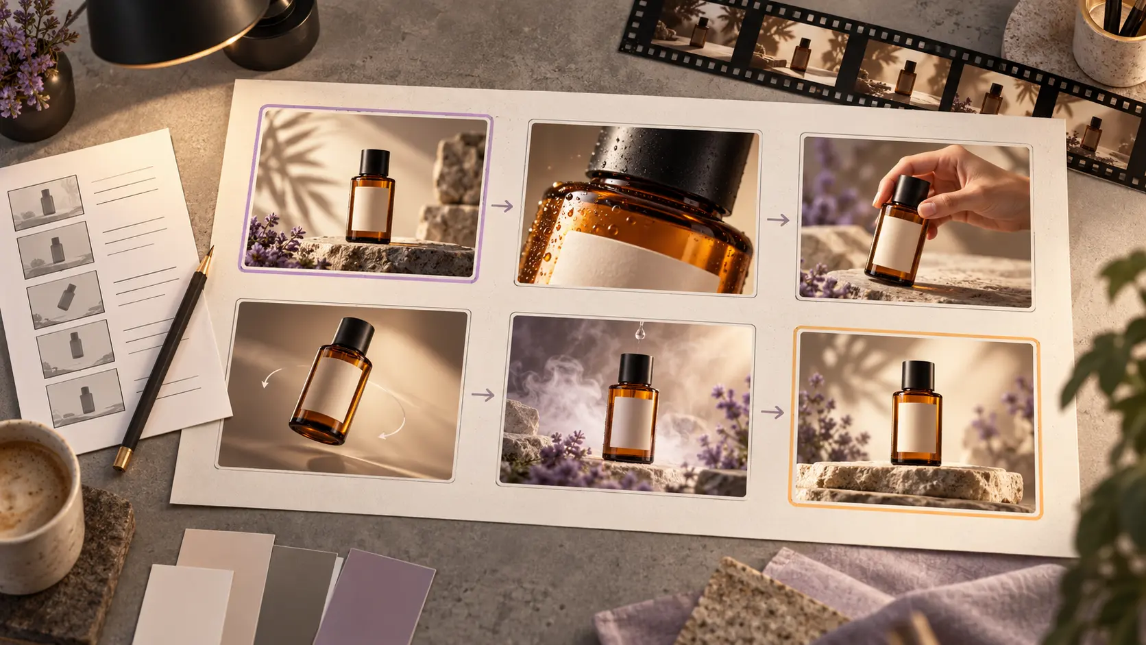 Storyboard enam shot dengan produk konsisten untuk workflow produksi video AI