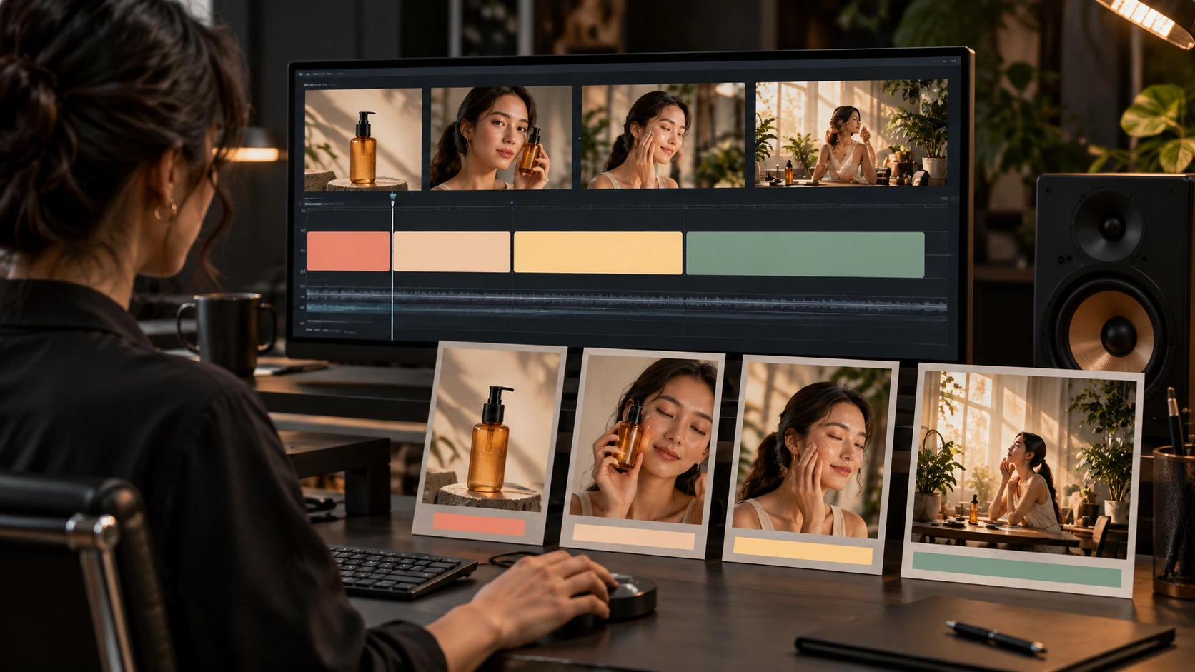 Editor membandingkan empat versi durasi video AI pada timeline dan storyboard produk yang konsisten