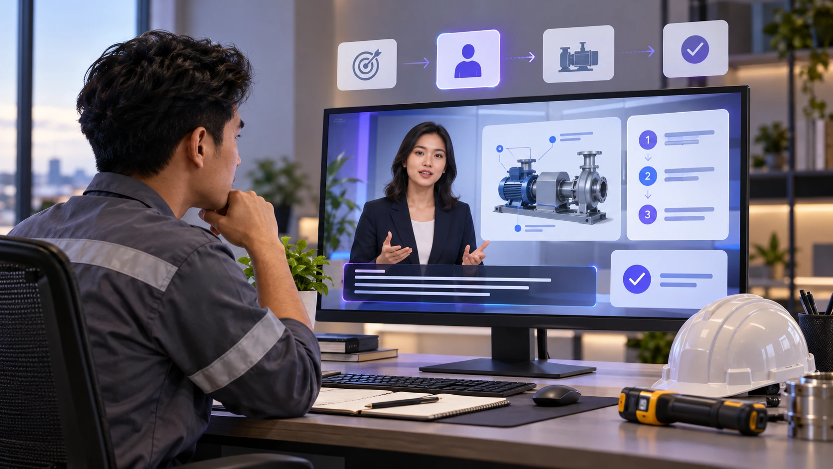 Karyawan menonton modul video training dengan presenter AI avatar, visual SOP, subtitle, dan checkpoint pembelajaran.