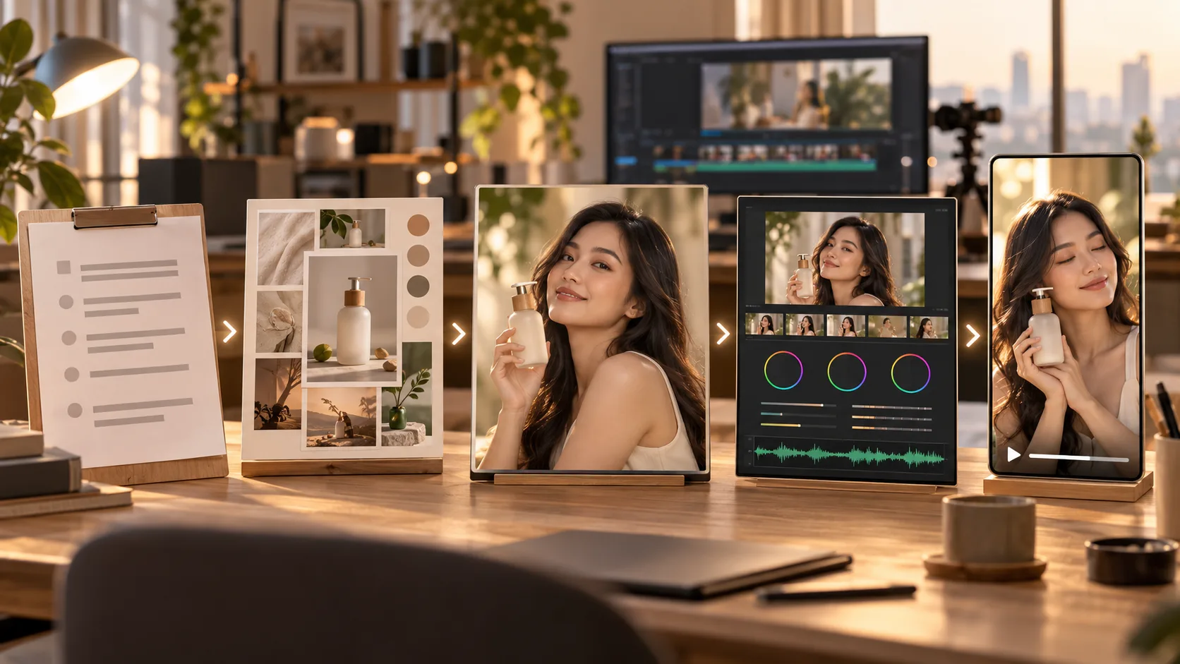 Alur produksi video AI dari brief, referensi produk, pembuatan scene, editing, hingga video final