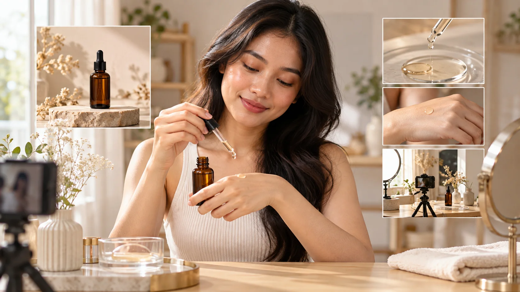 Creator AI mendemonstrasikan serum untuk produksi video AI UGC skincare