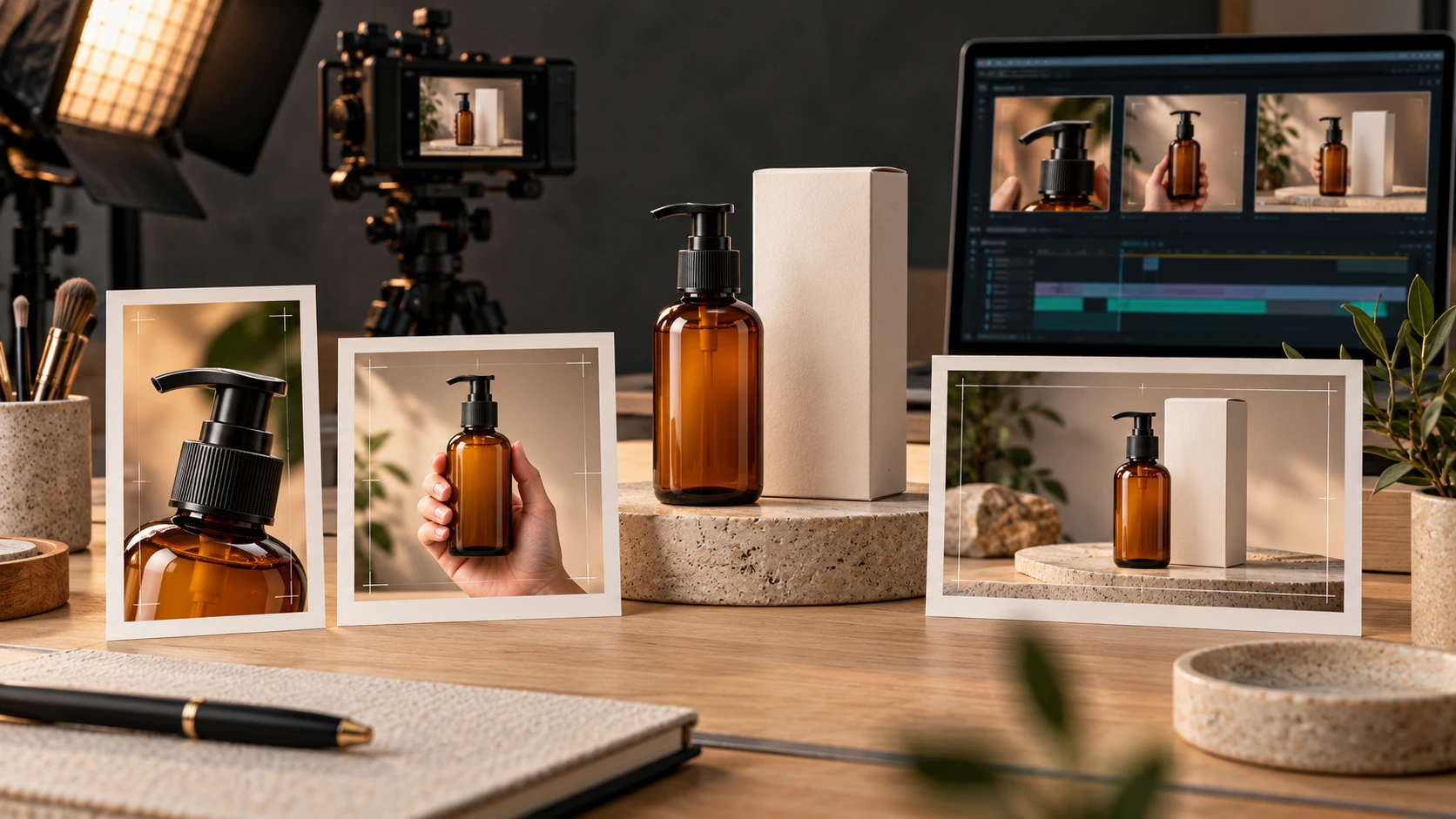 Produk botol amber konsisten pada beberapa frame untuk produksi video produk AI marketplace