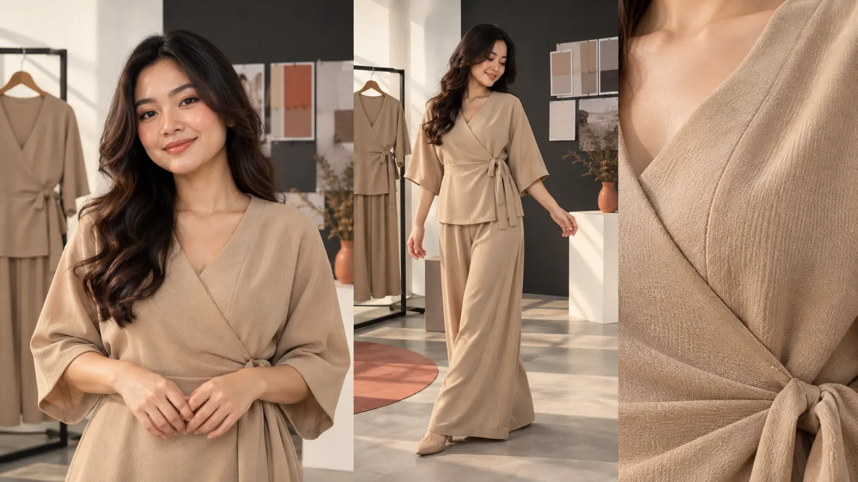 AI UGC fashion memakai outfit beige yang sama dalam shot talking head, full body, dan detail tekstur kain