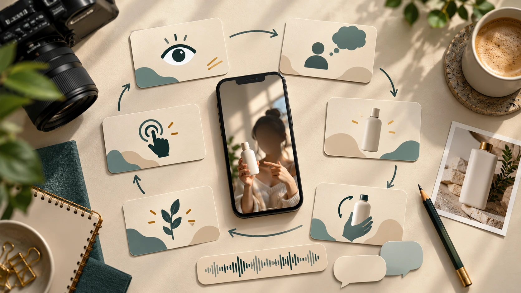 Proses menyusun script AI UGC dengan struktur hook, dialog, arahan visual, CTA, dan checklist produksi.