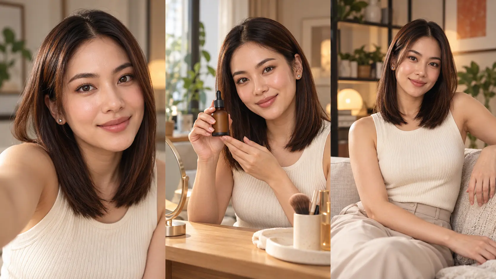 Karakter AI perempuan yang konsisten pada tiga scene video UGC dengan wajah, rambut, dan wardrobe yang sama.