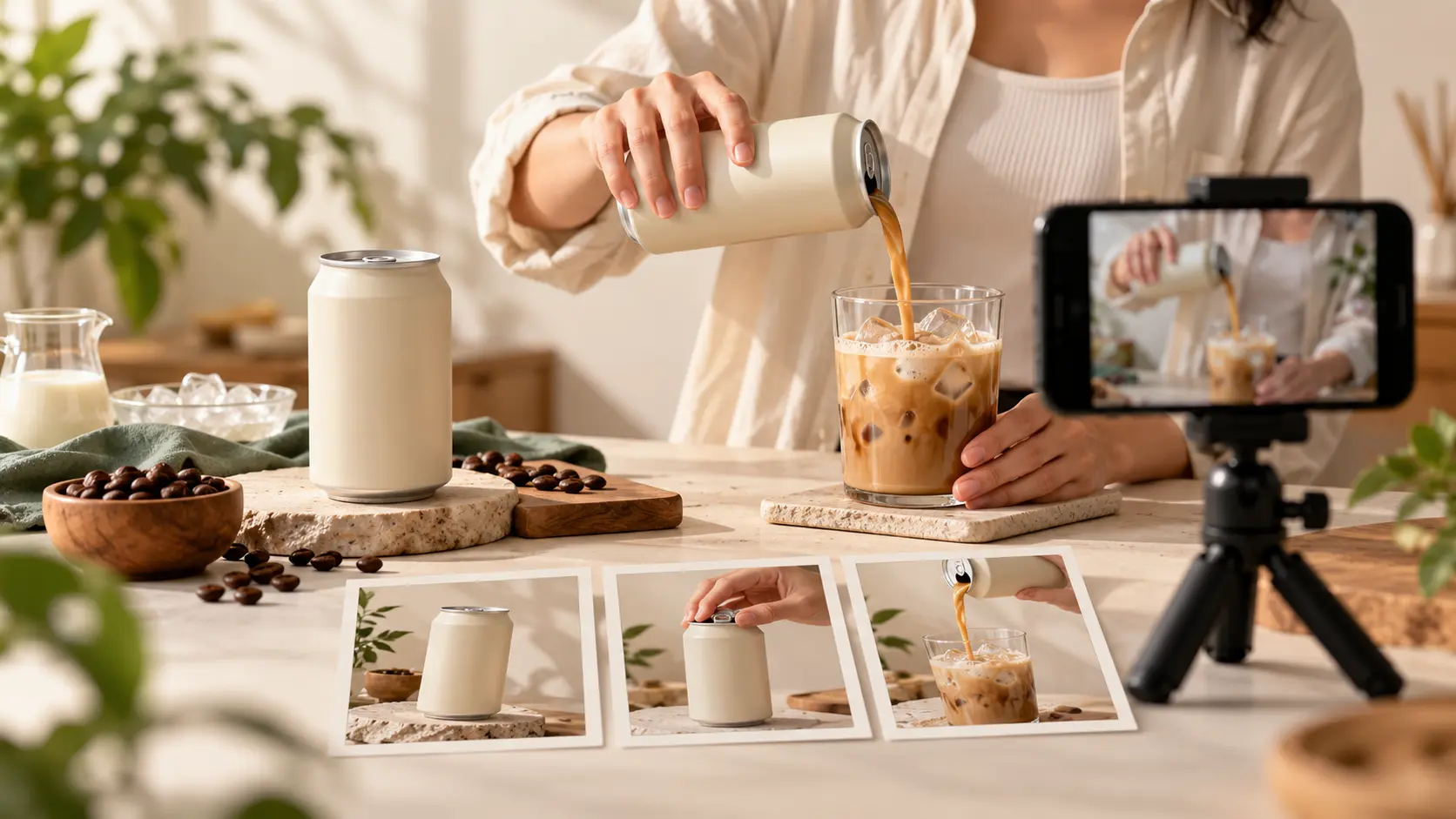 - Proses produksi AI UGC untuk makanan dan minuman dengan visual produk, penyajian, tekstur, dan storyboard video.