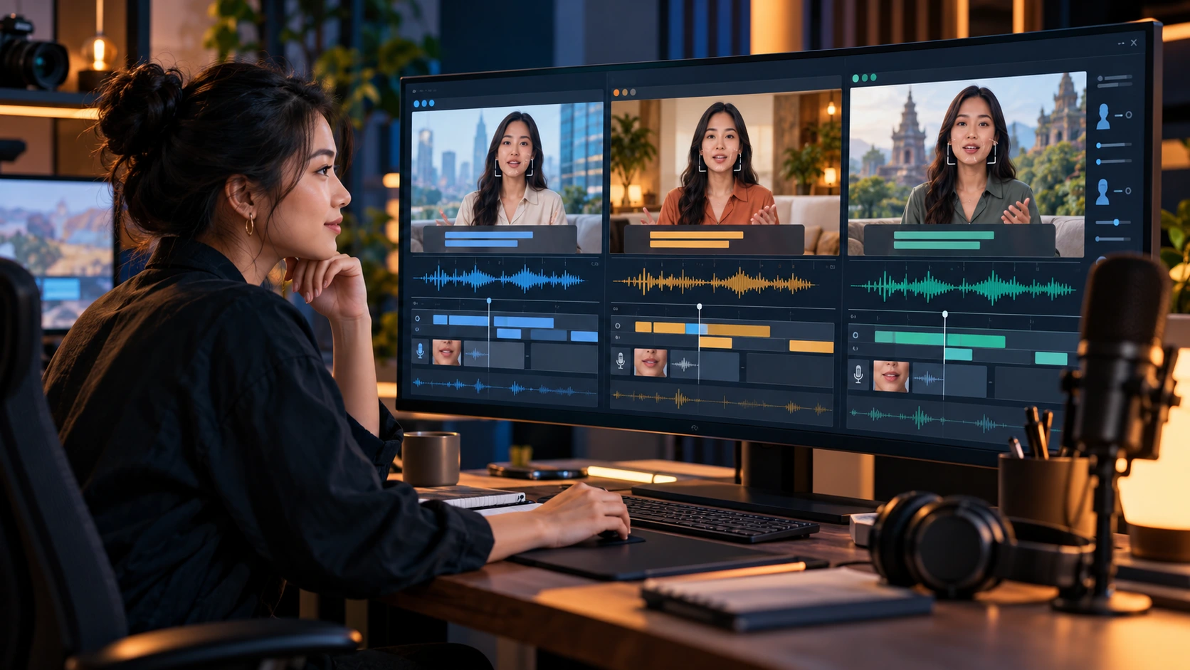Editor video meninjau dubbing multibahasa, subtitle, waveform suara, dan lip-sync dalam workflow video localization AI