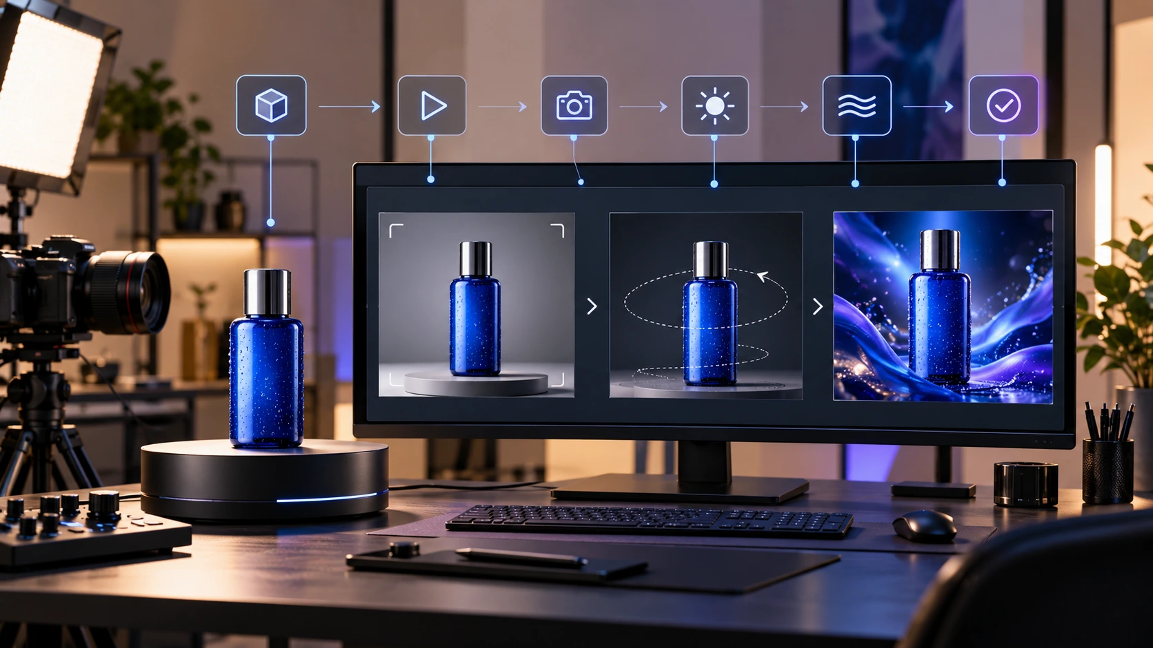 Studio kreatif menampilkan botol produk konsisten dari reference frame, camera motion, hingga hasil akhir video AI.
